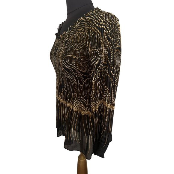 Melissa Paige Petite Women's Long Sleeve Blouse Size P/S Black & Gold Pattern - Picture 2 of 8